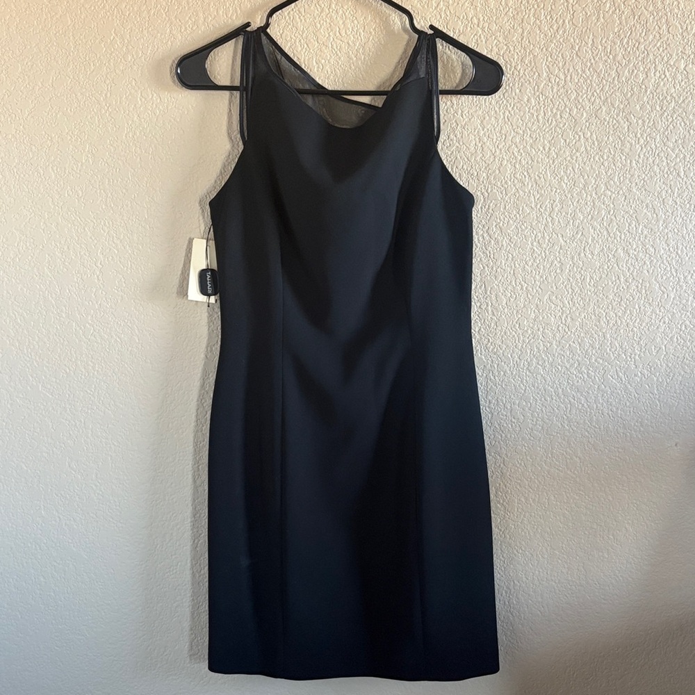 Tahari Elegant Black Mini Dress with Sheer Details
